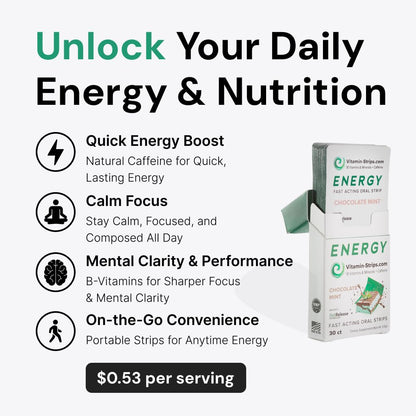 Peak Performance Energy Strips — Vegan, Gluten Free, Soy Free & Sugar-Free Breath Strips w/Caffeine, 18 Vitamins & Minerals — Instant Energy Boost Chocolate Mint Dietary Supplement — 30 Oral Strips - dailyvitalstore