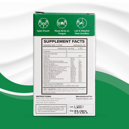 Peak Performance Energy Strips — Vegan, Gluten Free, Soy Free & Sugar-Free Breath Strips w/Caffeine, 18 Vitamins & Minerals — Instant Energy Boost Chocolate Mint Dietary Supplement — 30 Oral Strips - dailyvitalstore