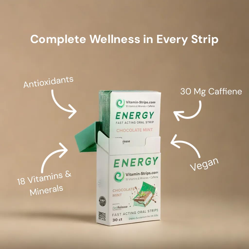 Peak Performance Energy Strips — Vegan, Gluten Free, Soy Free & Sugar-Free Breath Strips w/Caffeine, 18 Vitamins & Minerals — Instant Energy Boost Chocolate Mint Dietary Supplement — 30 Oral Strips - dailyvitalstore