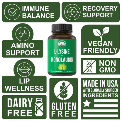 Peak Performance L Lysine 1000mg + Monolaurin 500mg High Potency Supplement for Lips, Skin, & Immune Support - L-Lysine 2-in-1 Bioavailable Supplements - dailyvitalstore