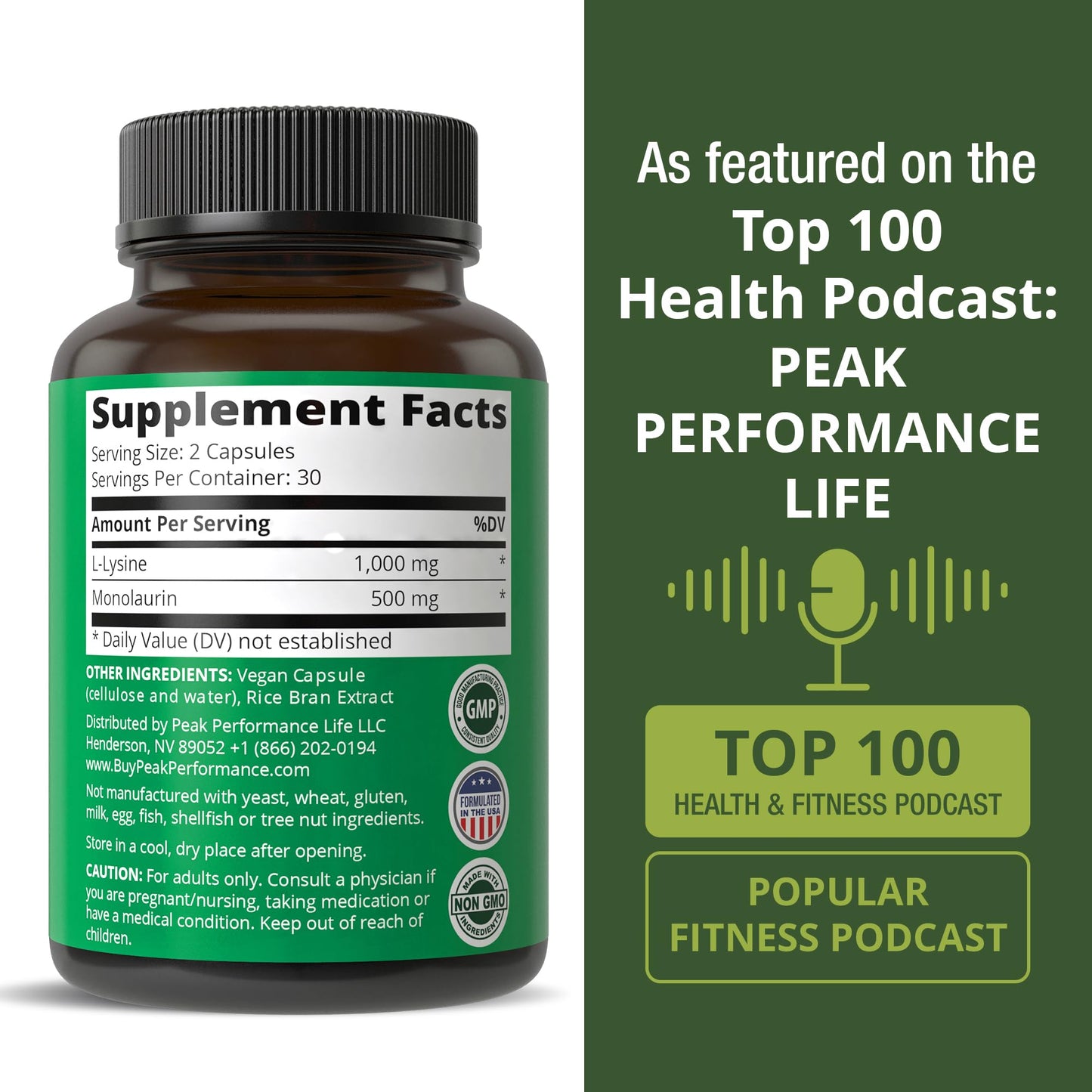 Peak Performance L Lysine 1000mg + Monolaurin 500mg High Potency Supplement for Lips, Skin, & Immune Support - L-Lysine 2-in-1 Bioavailable Supplements - dailyvitalstore
