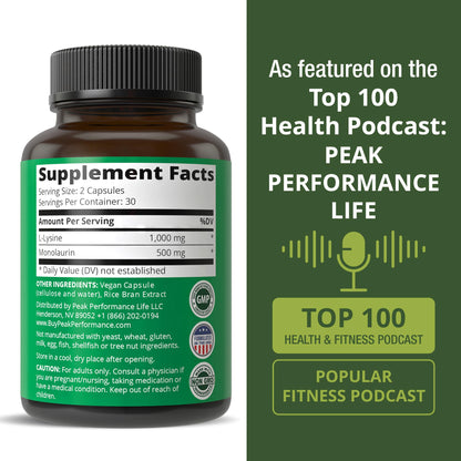 Peak Performance L Lysine 1000mg + Monolaurin 500mg High Potency Supplement for Lips, Skin, & Immune Support - L-Lysine 2-in-1 Bioavailable Supplements - dailyvitalstore