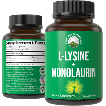 Peak Performance L Lysine 1000mg + Monolaurin 500mg High Potency Supplement for Lips, Skin, & Immune Support - L-Lysine 2-in-1 Bioavailable Supplements - dailyvitalstore