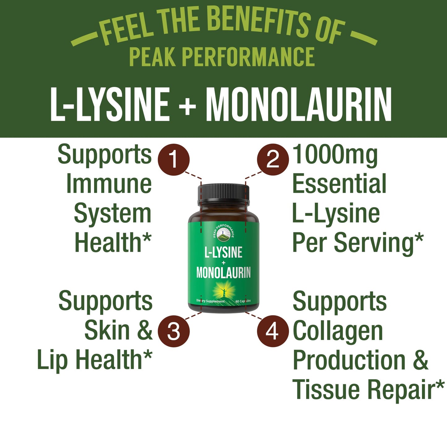 Peak Performance L Lysine 1000mg + Monolaurin 500mg High Potency Supplement for Lips, Skin, & Immune Support - L-Lysine 2-in-1 Bioavailable Supplements - dailyvitalstore