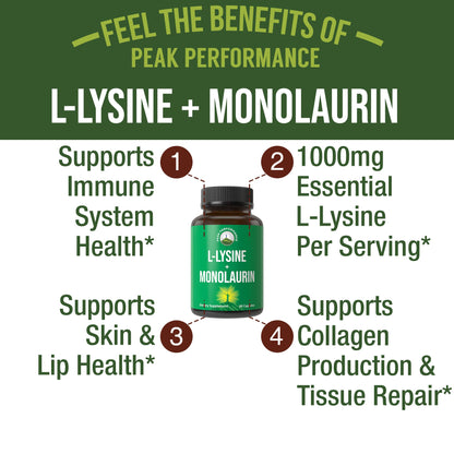 Peak Performance L Lysine 1000mg + Monolaurin 500mg High Potency Supplement for Lips, Skin, & Immune Support - L-Lysine 2-in-1 Bioavailable Supplements - dailyvitalstore