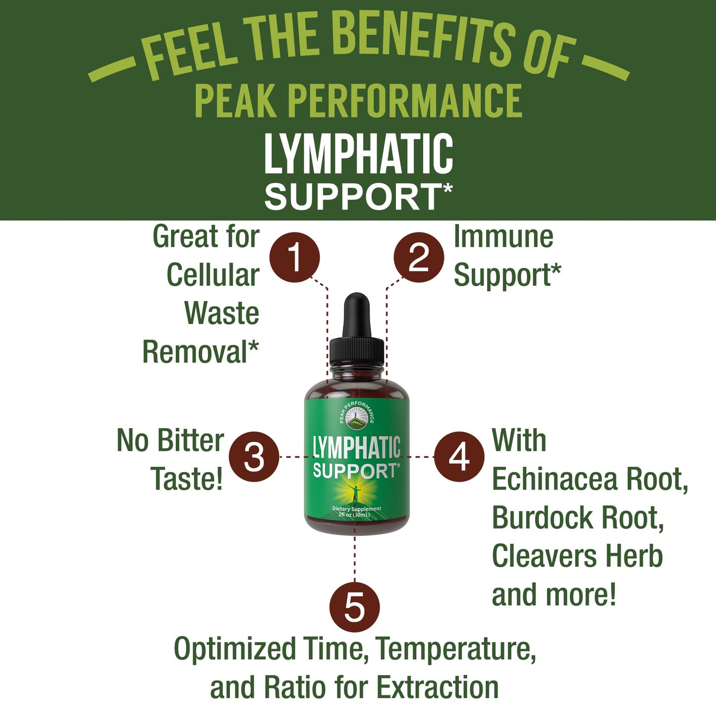 Peak Performance Lymphatic Drainage Drops. Sugar Free 7-in-1 Lymph Detox and Cleanse Support. Vegan Supplement with Echinacea, Red Clover Blossom, Burdock Root, Cleavers Herb, Licorice Root, and More - dailyvitalstore