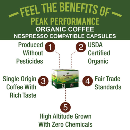 Peak Performance Organic Capsules for Nespresso Machines - Fair Trade, Low Acid, Organic Espresso Coffee Pods (36 Count) Compatible with All Nespresso Capsule Brewers - Medium Roast Single Serve Pod - dailyvitalstore