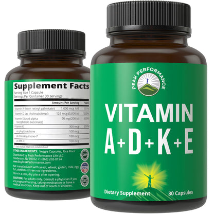 Peak Performance Vitamins D 5,000 iu + A + K + E All in 1 Easy to Swallow Vegan Capsule. ADK Vitamin Supplement with E D3 K2. Essential Vitamins for Mood - dailyvitalstore