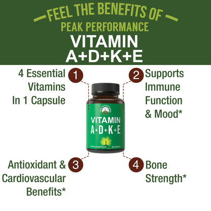 Peak Performance Vitamins D 5,000 iu + A + K + E All in 1 Easy to Swallow Vegan Capsule. ADK Vitamin Supplement with E D3 K2. Essential Vitamins for Mood - dailyvitalstore