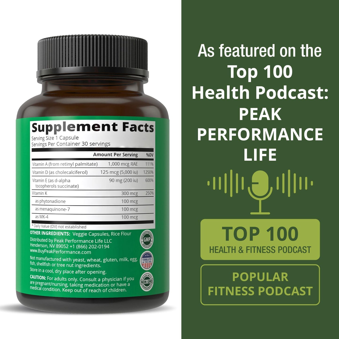 Peak Performance Vitamins D 5,000 iu + A + K + E All in 1 Easy to Swallow Vegan Capsule. ADK Vitamin Supplement with E D3 K2. Essential Vitamins for Mood - dailyvitalstore