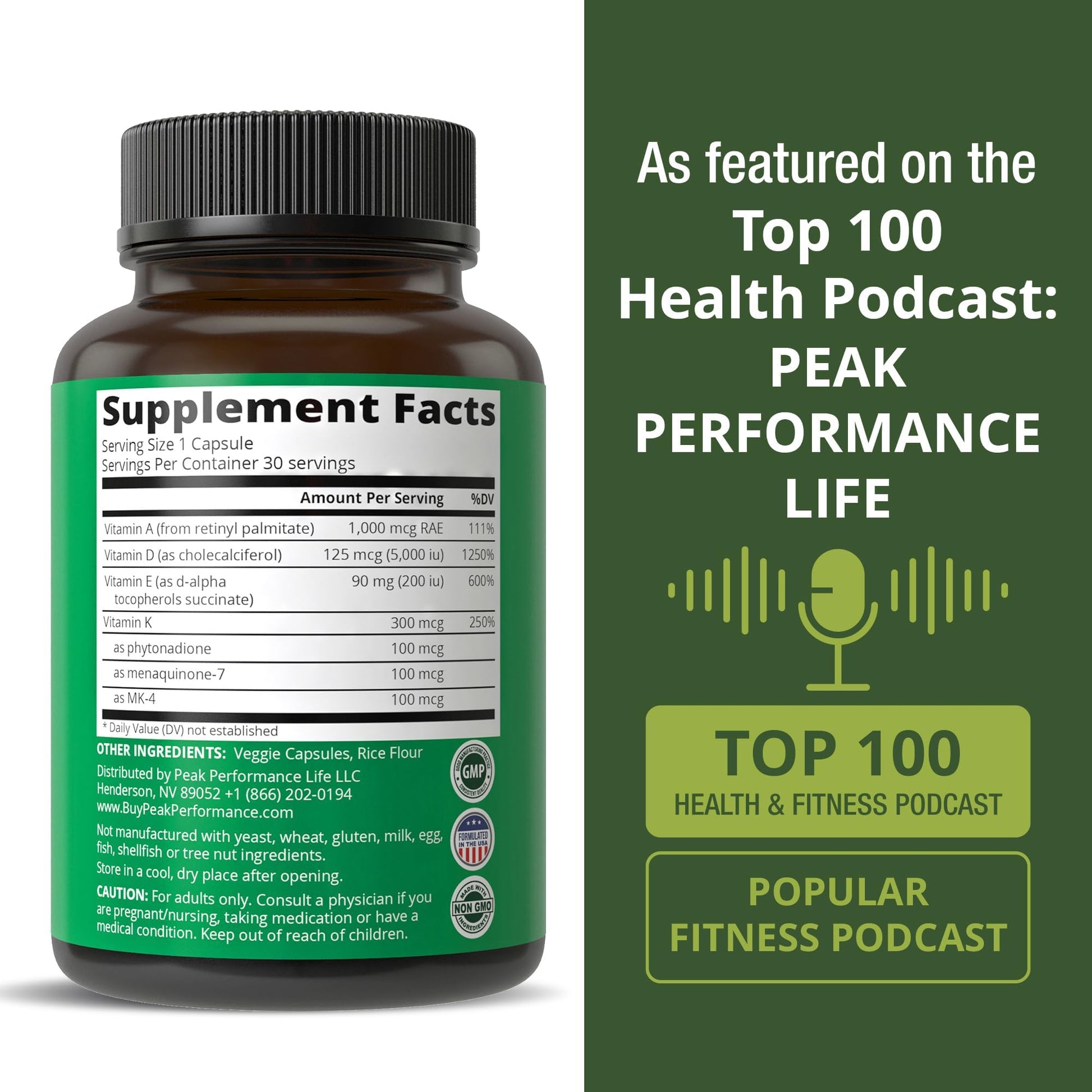 Peak Performance Vitamins D 5,000 iu + A + K + E All in 1 Easy to Swallow Vegan Capsule. ADK Vitamin Supplement with E D3 K2. Essential Vitamins for Mood - dailyvitalstore