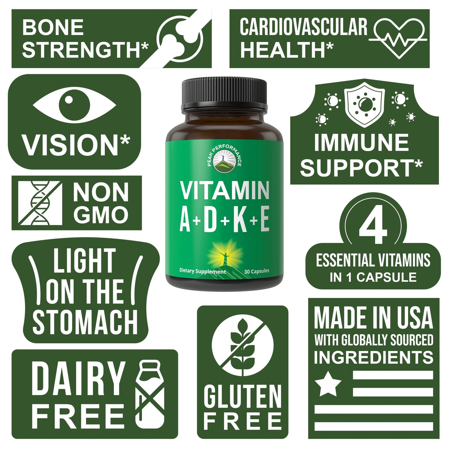 Peak Performance Vitamins D 5,000 iu + A + K + E All in 1 Easy to Swallow Vegan Capsule. ADK Vitamin Supplement with E D3 K2. Essential Vitamins for Mood - dailyvitalstore