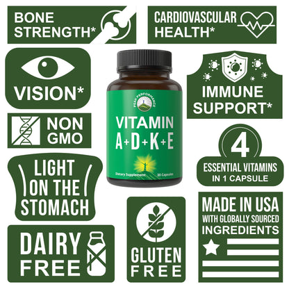 Peak Performance Vitamins D 5,000 iu + A + K + E All in 1 Easy to Swallow Vegan Capsule. ADK Vitamin Supplement with E D3 K2. Essential Vitamins for Mood - dailyvitalstore