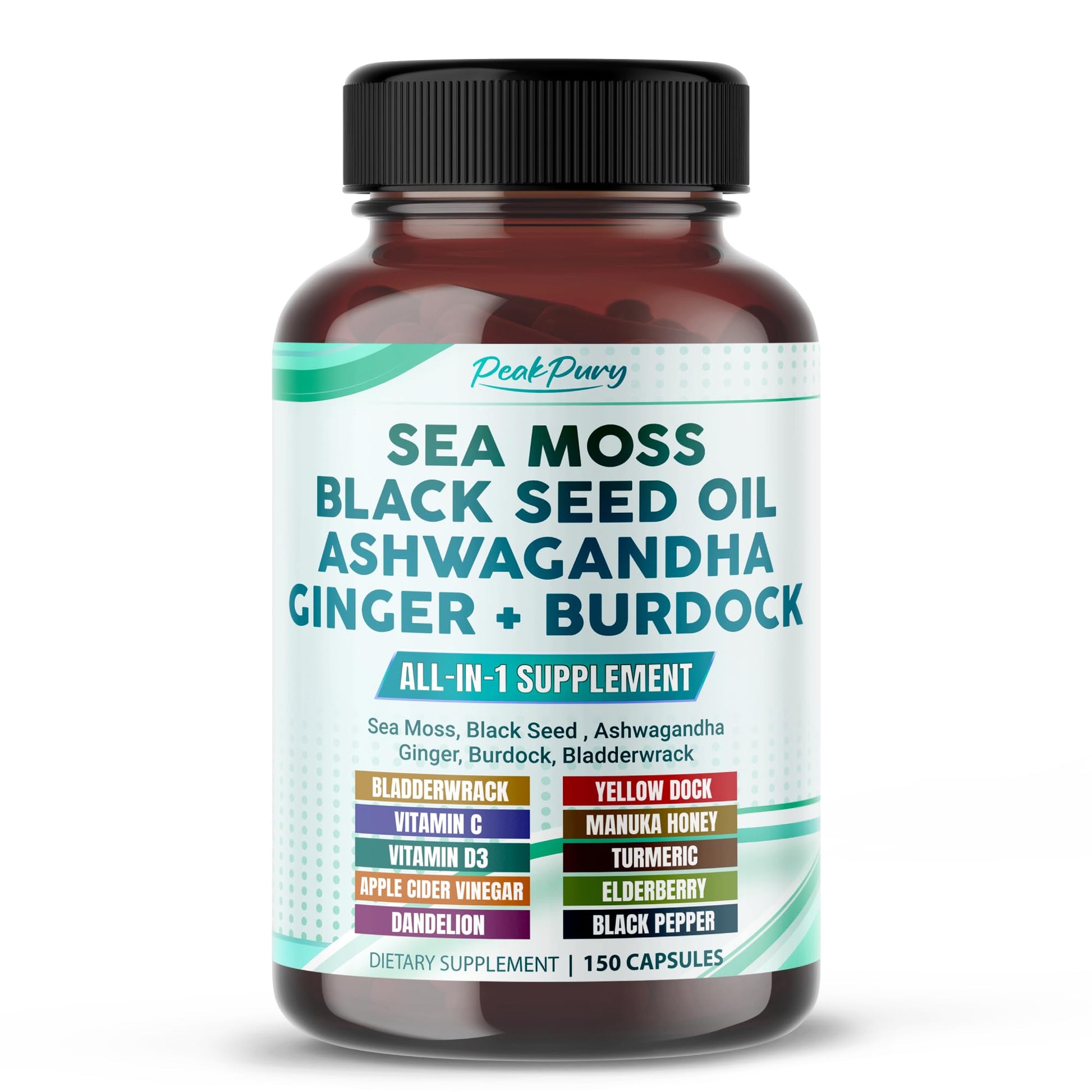 PEAKPURY Sea Moss Black Seed Oil Ashwagandha Ginger Burdock Bladderwrack - Immunity Support - dailyvitalstore