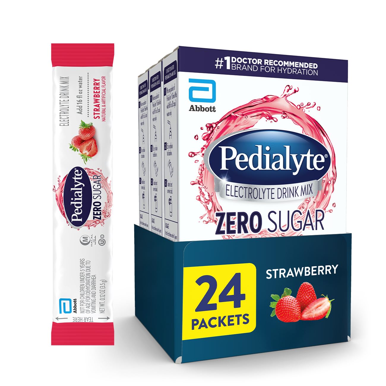 Pedialyte Electrolyte Drink Mix With Zero Sugar | Hydration With Key Electrolytes | Great Hydration Low in Calories | Strawberry, 24 Powder Packets - dailyvitalstore