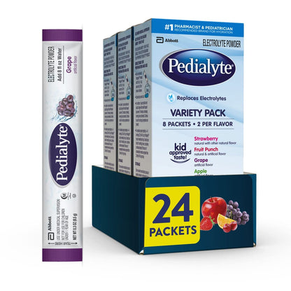Pedialyte Electrolyte Powder, Hydration Drink for Kids & Adults, Variety Pack: Strawberry, Fruit Punch, Grape, and Apple, 24 Powder Packets - dailyvitalstore