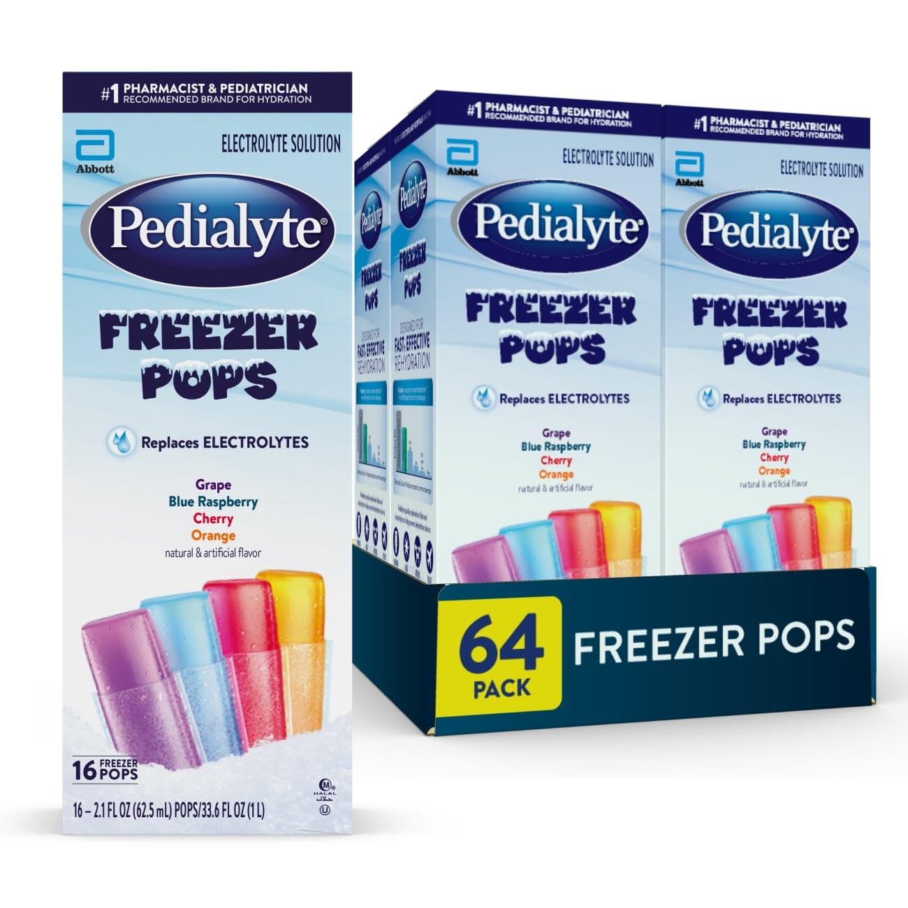 Pedialyte Electrolyte Solution Freezer Pops, Hydration Variety Pack— Grape, Blue Raspberry, Cherry, Orange, Pack of 64 - dailyvitalstore