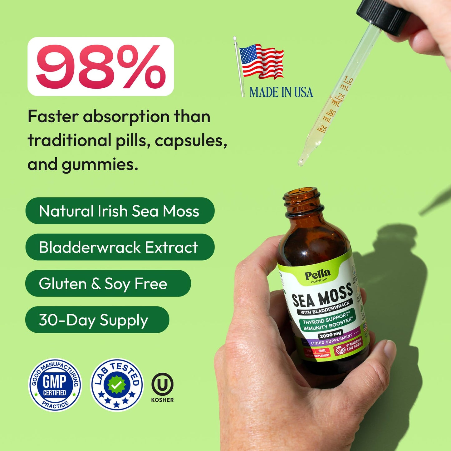 Pella Nutrition Sea Moss Drops with Bladderwrack – 4X Faster Absorption Than Irish Sea Moss Gel Superfood, Gummies, and Capsules – Digestive & Immune Support Supplement (Strawberry Lime, 60mL) - dailyvitalstore
