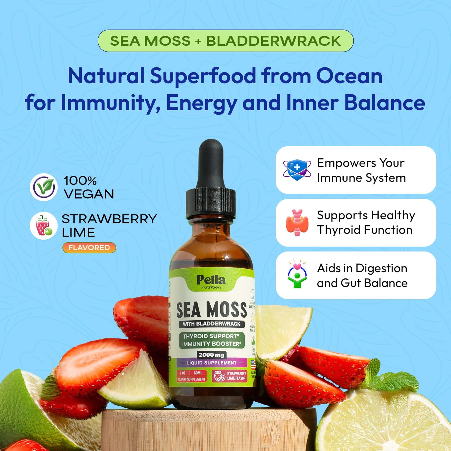 Pella Nutrition Sea Moss Drops with Bladderwrack – 4X Faster Absorption Than Irish Sea Moss Gel Superfood, Gummies, and Capsules – Digestive & Immune Support Supplement (Strawberry Lime, 60mL) - dailyvitalstore
