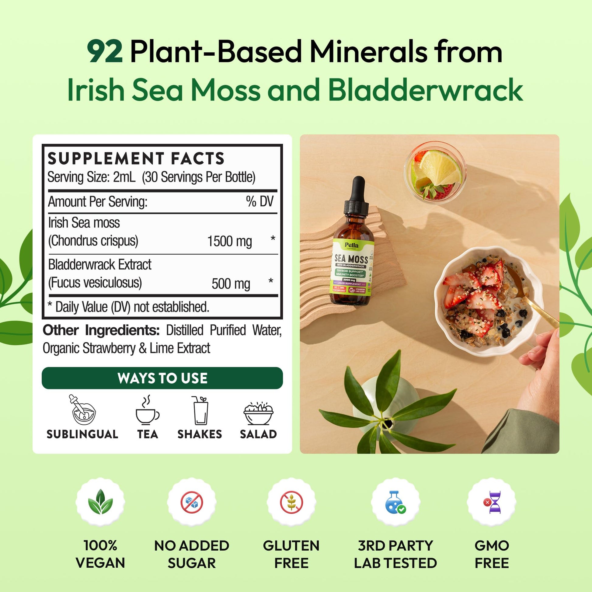 Pella Nutrition Sea Moss Drops with Bladderwrack – 4X Faster Absorption Than Irish Sea Moss Gel Superfood, Gummies, and Capsules – Digestive & Immune Support Supplement (Strawberry Lime, 60mL) - dailyvitalstore