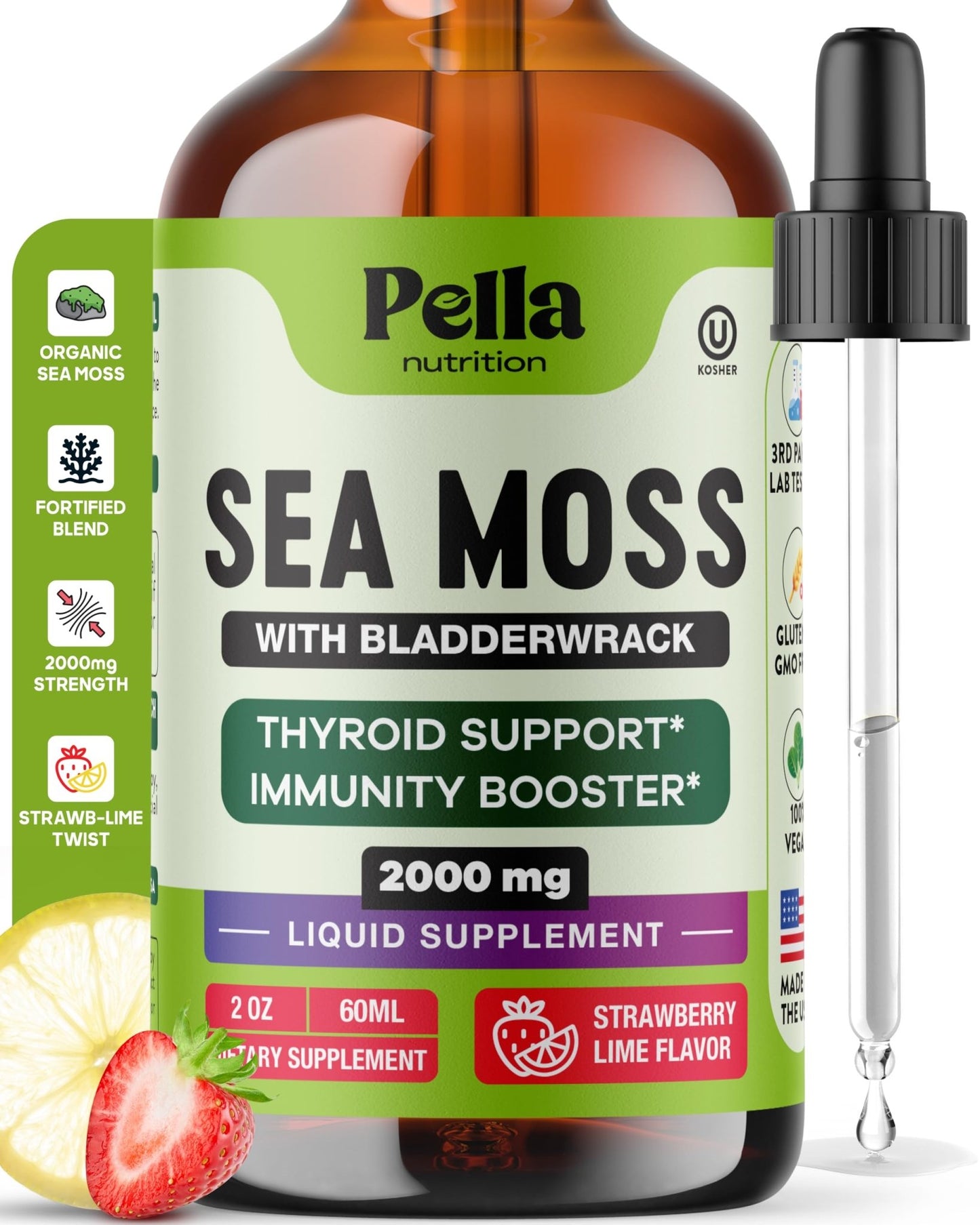 Pella Nutrition Sea Moss Drops with Bladderwrack – 4X Faster Absorption Than Irish Sea Moss Gel Superfood, Gummies, and Capsules – Digestive & Immune Support Supplement (Strawberry Lime, 60mL) - dailyvitalstore