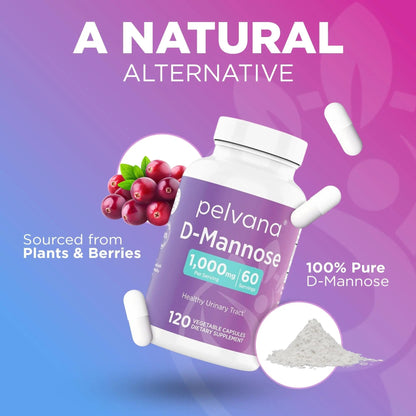 Pelvana D-Mannose 120 Capsules (500mg Each) – 1000mg per Serving – Assists & Maintains Healthy Urinary Tract, Flushes Impurities, Pure Ingredients, Gluten-Free – Third-Party Lab Tested, Made in USA - dailyvitalstore