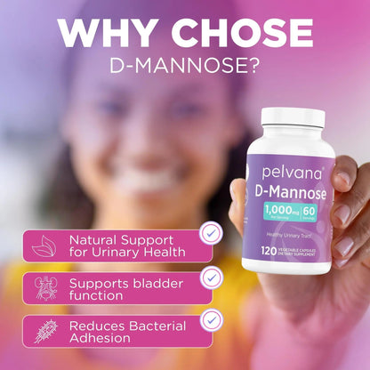 Pelvana D-Mannose 120 Capsules (500mg Each) – 1000mg per Serving – Assists & Maintains Healthy Urinary Tract, Flushes Impurities, Pure Ingredients, Gluten-Free – Third-Party Lab Tested, Made in USA - dailyvitalstore