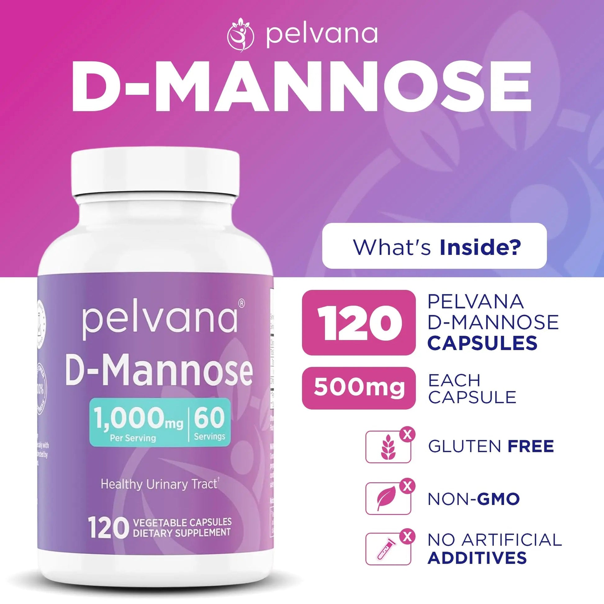 Pelvana D-Mannose 120 Capsules (500mg Each) – 1000mg per Serving – Assists & Maintains Healthy Urinary Tract, Flushes Impurities, Pure Ingredients, Gluten-Free – Third-Party Lab Tested, Made in USA - dailyvitalstore