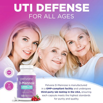 Pelvana D-Mannose 120 Capsules (500mg Each) – 1000mg per Serving – Assists & Maintains Healthy Urinary Tract, Flushes Impurities, Pure Ingredients, Gluten-Free – Third-Party Lab Tested, Made in USA - dailyvitalstore