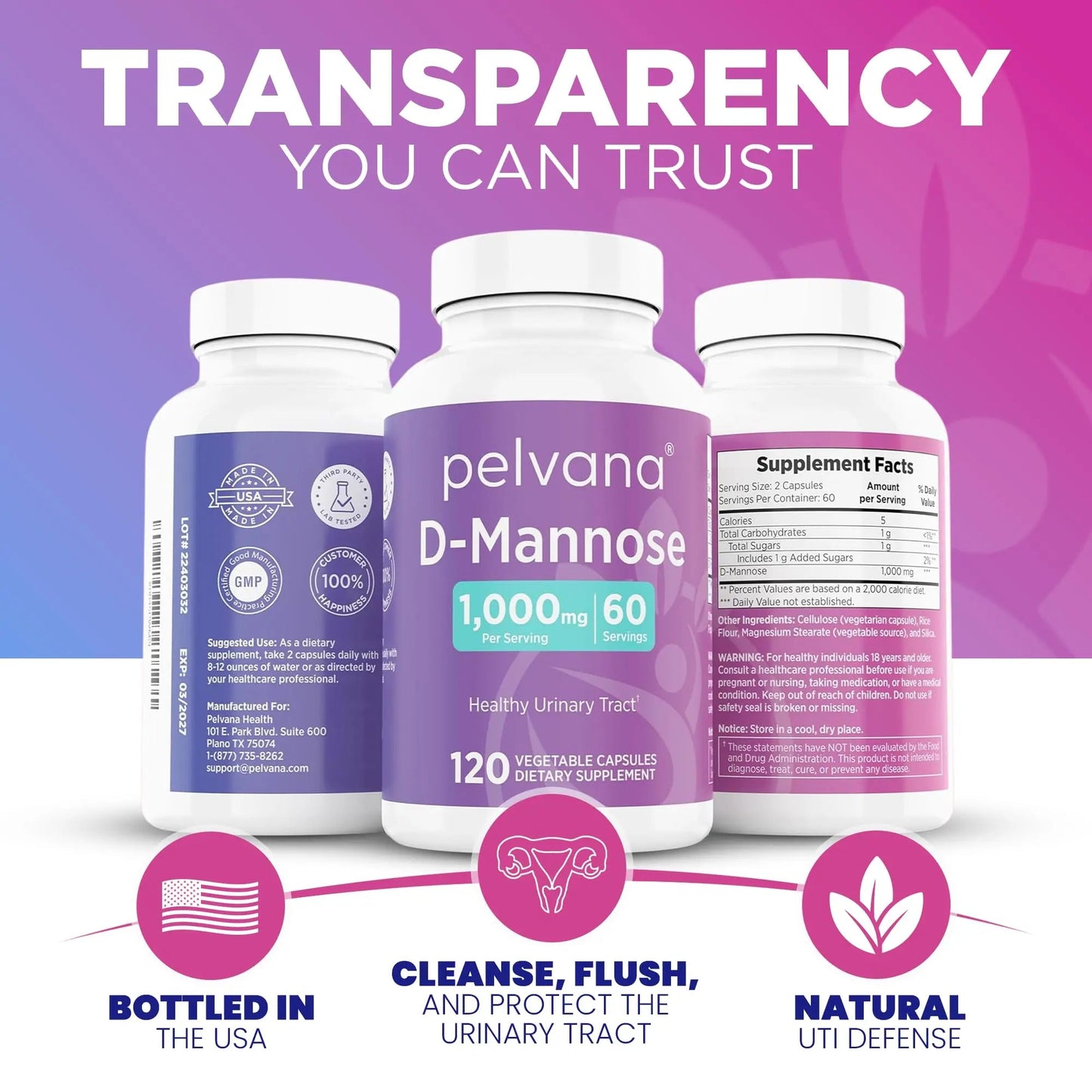 Pelvana D-Mannose UTI Kit for Women – UTI Test Strips & D-Mannose Supplement, At-Home Testing, Maintains Healthy Urinary Tract Balance, Flushes Impurities – 3 Bottles (120 Capsules) + 50 Test Strips - dailyvitalstore