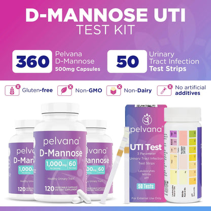 Pelvana D-Mannose UTI Kit for Women – UTI Test Strips & D-Mannose Supplement, At-Home Testing, Maintains Healthy Urinary Tract Balance, Flushes Impurities – 3 Bottles (120 Capsules) + 50 Test Strips - dailyvitalstore