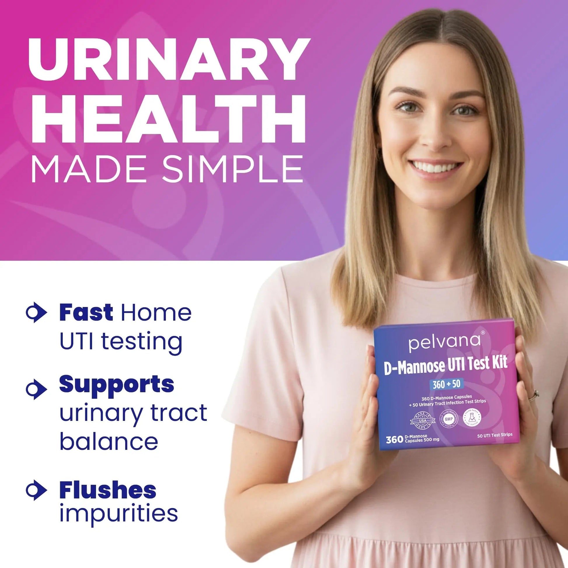 Pelvana D-Mannose UTI Kit for Women – UTI Test Strips & D-Mannose Supplement, At-Home Testing, Maintains Healthy Urinary Tract Balance, Flushes Impurities – 3 Bottles (120 Capsules) + 50 Test Strips - dailyvitalstore