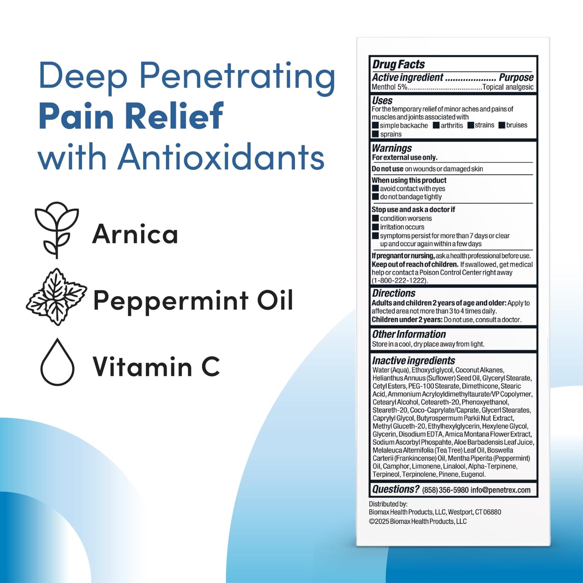 Penetrex Advanced Joint & Muscle Pain Relief Cream, 2 Oz - Natural Menthol 5% External Analgesic with A Blend of Antioxidants: Arnica, Peppermint Oil & Vitamin C - dailyvitalstore