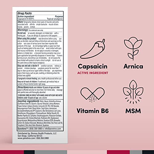 Penetrex Arthritis Warming Pain Relief Cream - Deep Penetrating Capsaicin with Arnica, Vitamin B6 & MSM(DMSO2) - Apply to Hands, Wrists, Feet, Knees, Elbows and Other Affected Areas, 2 oz - dailyvitalstore