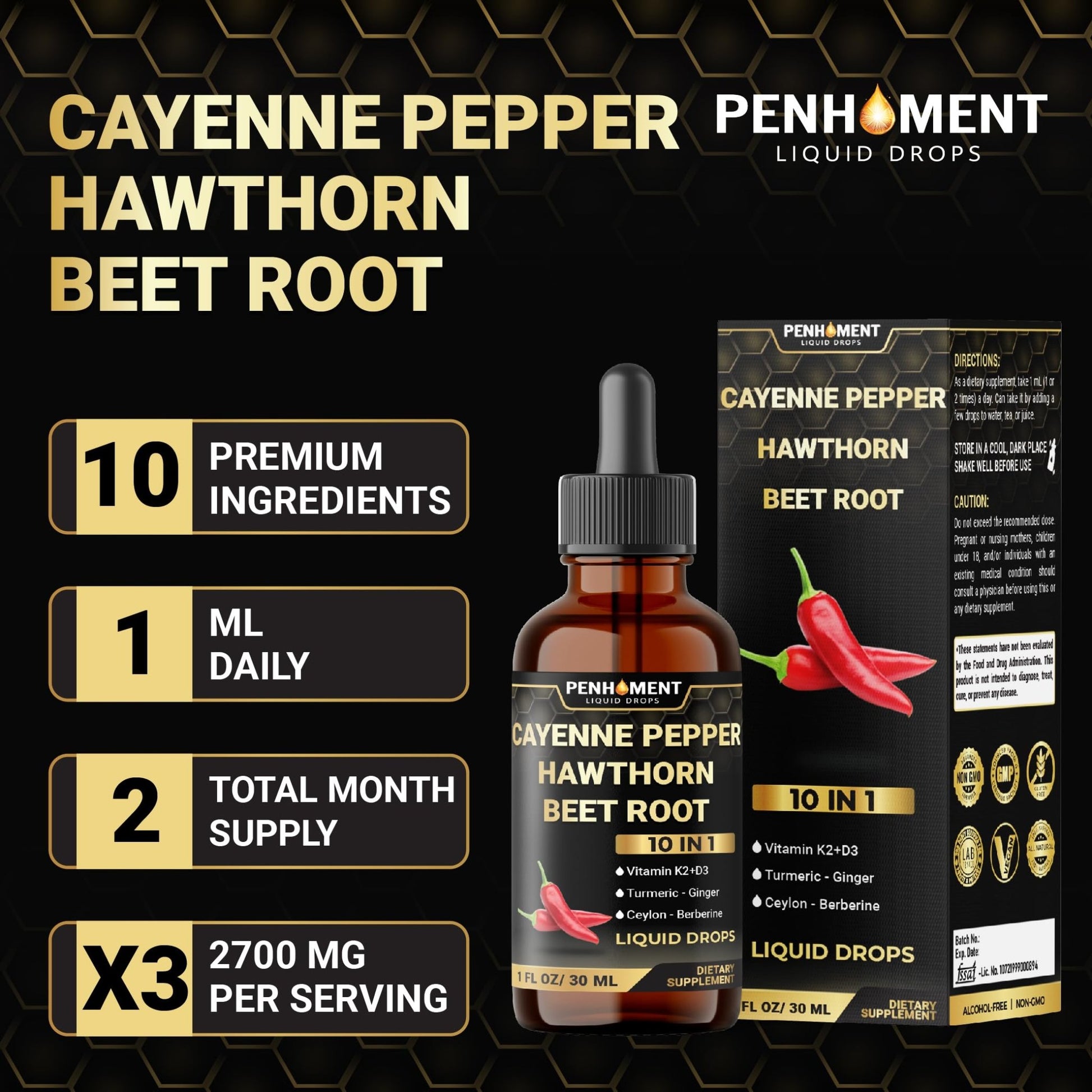 Penhoment 2 Packs - 2700 mg 10in1 Cayenne Pepper Liquid Drops with Hawthorn Berry, Vitamin D3 K2, Beet Root, Ginger Turmeric, Ginger, Ceylon Cinnamon, Berberine, and Ginseng - 2 Months - dailyvitalstore