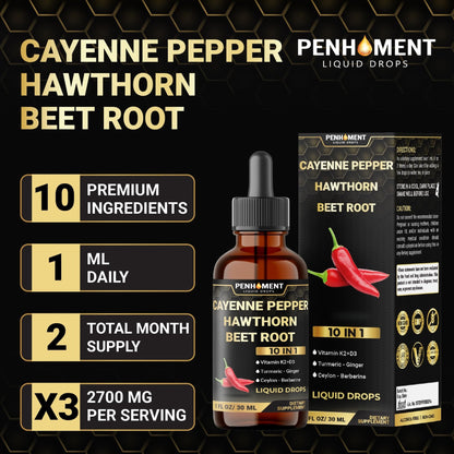 Penhoment 2 Packs - 2700 mg 10in1 Cayenne Pepper Liquid Drops with Hawthorn Berry, Vitamin D3 K2, Beet Root, Ginger Turmeric, Ginger, Ceylon Cinnamon, Berberine, and Ginseng - 2 Months - dailyvitalstore