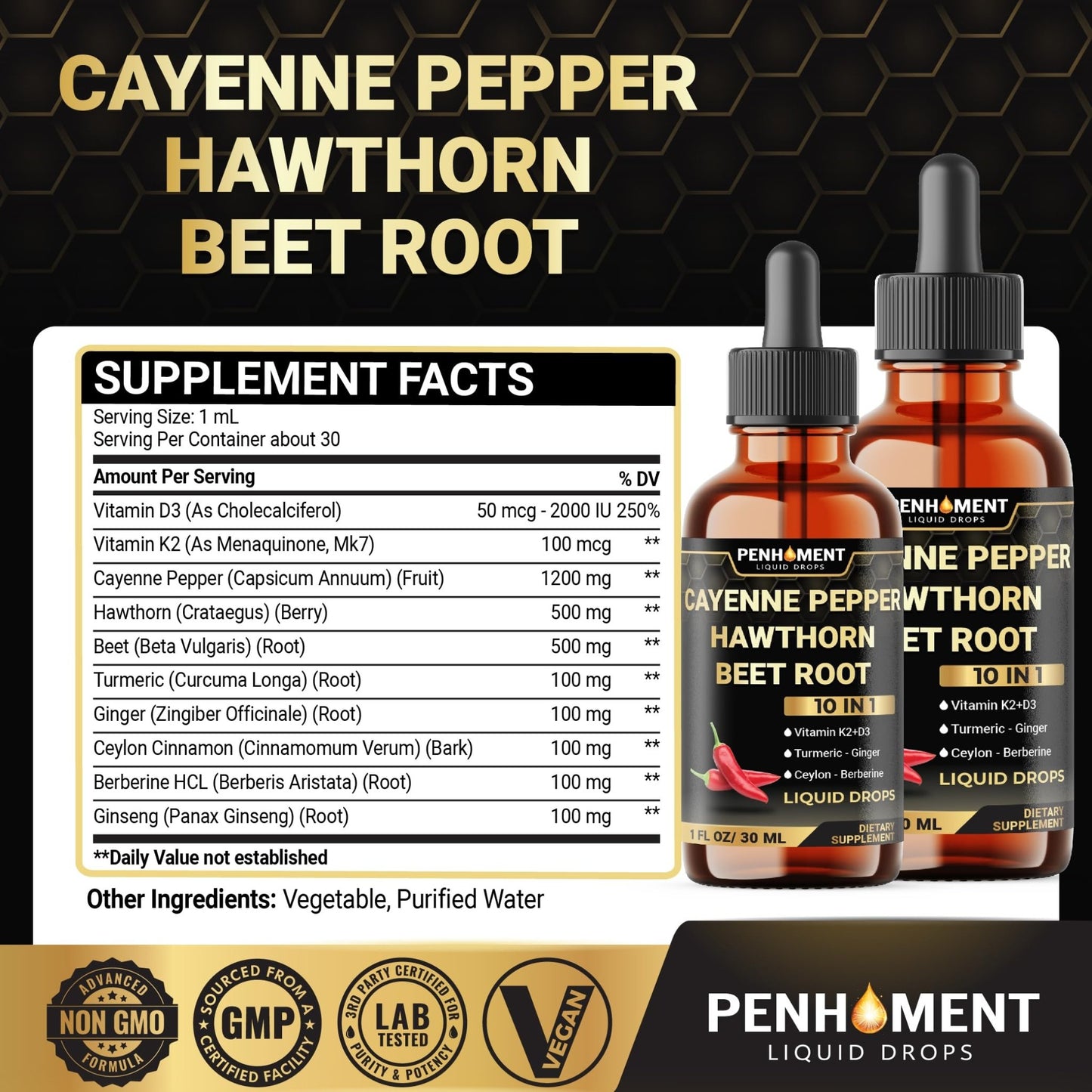 Penhoment 2 Packs - 2700 mg 10in1 Cayenne Pepper Liquid Drops with Hawthorn Berry, Vitamin D3 K2, Beet Root, Ginger Turmeric, Ginger, Ceylon Cinnamon, Berberine, and Ginseng - 2 Months - dailyvitalstore