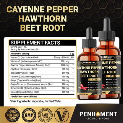 Penhoment 2 Packs - 2700 mg 10in1 Cayenne Pepper Liquid Drops with Hawthorn Berry, Vitamin D3 K2, Beet Root, Ginger Turmeric, Ginger, Ceylon Cinnamon, Berberine, and Ginseng - 2 Months - dailyvitalstore