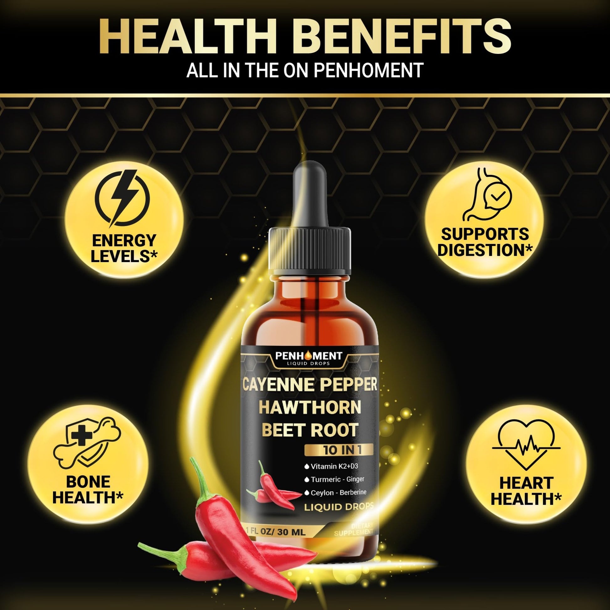 Penhoment 2 Packs - 2700 mg 10in1 Cayenne Pepper Liquid Drops with Hawthorn Berry, Vitamin D3 K2, Beet Root, Ginger Turmeric, Ginger, Ceylon Cinnamon, Berberine, and Ginseng - 2 Months - dailyvitalstore