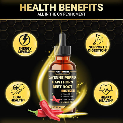 Penhoment 2 Packs - 2700 mg 10in1 Cayenne Pepper Liquid Drops with Hawthorn Berry, Vitamin D3 K2, Beet Root, Ginger Turmeric, Ginger, Ceylon Cinnamon, Berberine, and Ginseng - 2 Months - dailyvitalstore