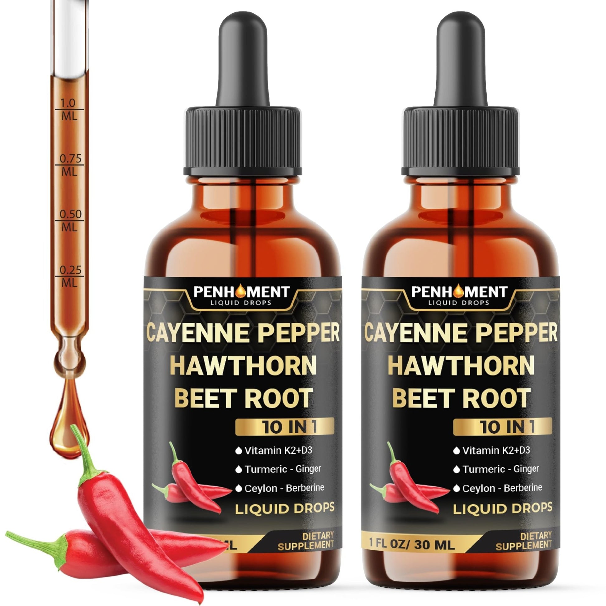 Penhoment 2 Packs - 2700 mg 10in1 Cayenne Pepper Liquid Drops with Hawthorn Berry, Vitamin D3 K2, Beet Root, Ginger Turmeric, Ginger, Ceylon Cinnamon, Berberine, and Ginseng - 2 Months - dailyvitalstore