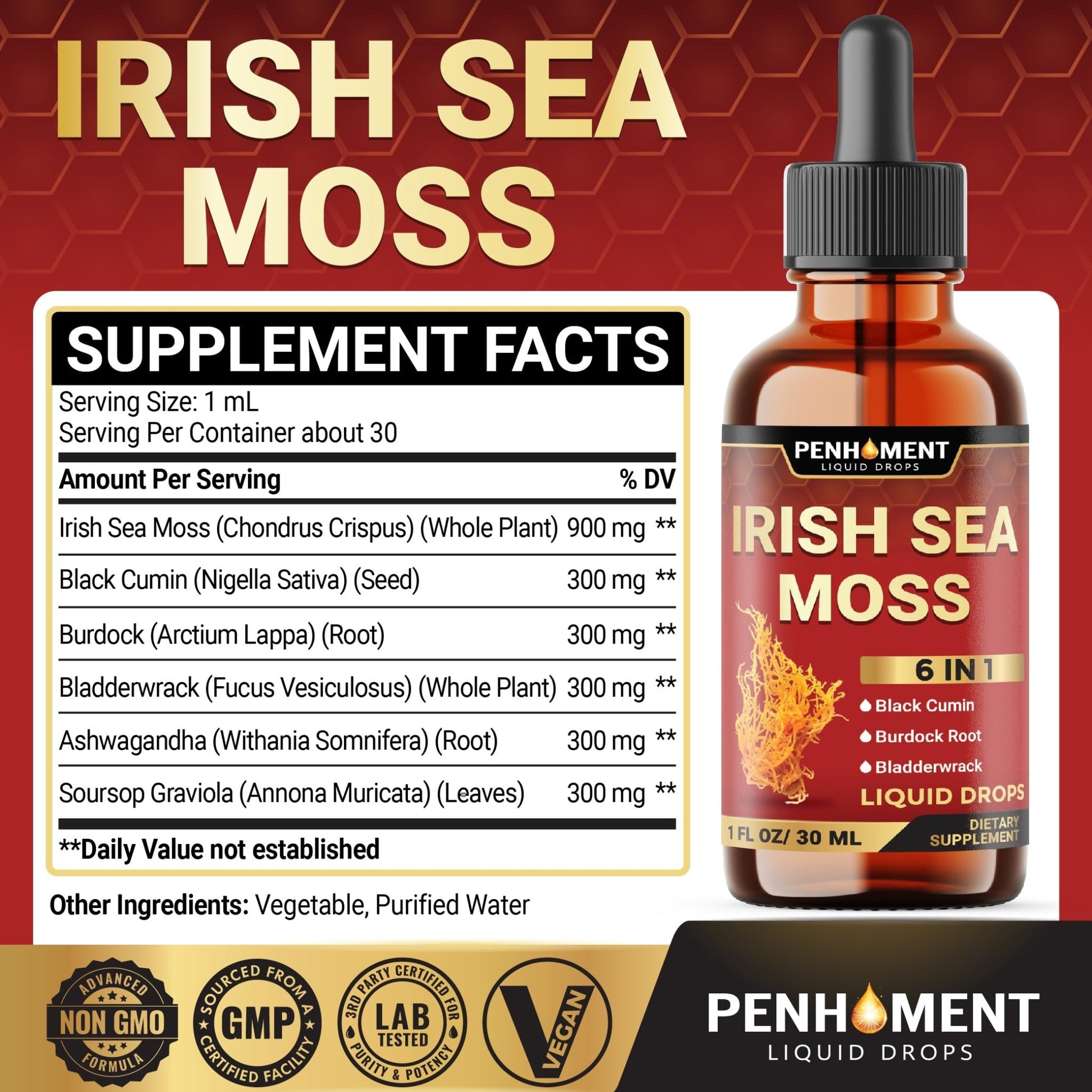 Penhoment 6in1 Sea Moss Drops with Black Seed Oil Irish Seamoss, Ashwagandha, Burdock Root & Bladderwrack - 1FL Oz - 30 Day Supply - dailyvitalstore