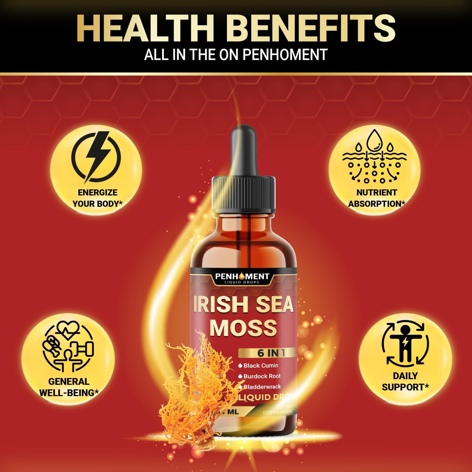 Penhoment 6in1 Sea Moss Drops with Black Seed Oil Irish Seamoss, Ashwagandha, Burdock Root & Bladderwrack - 1FL Oz - 30 Day Supply - dailyvitalstore