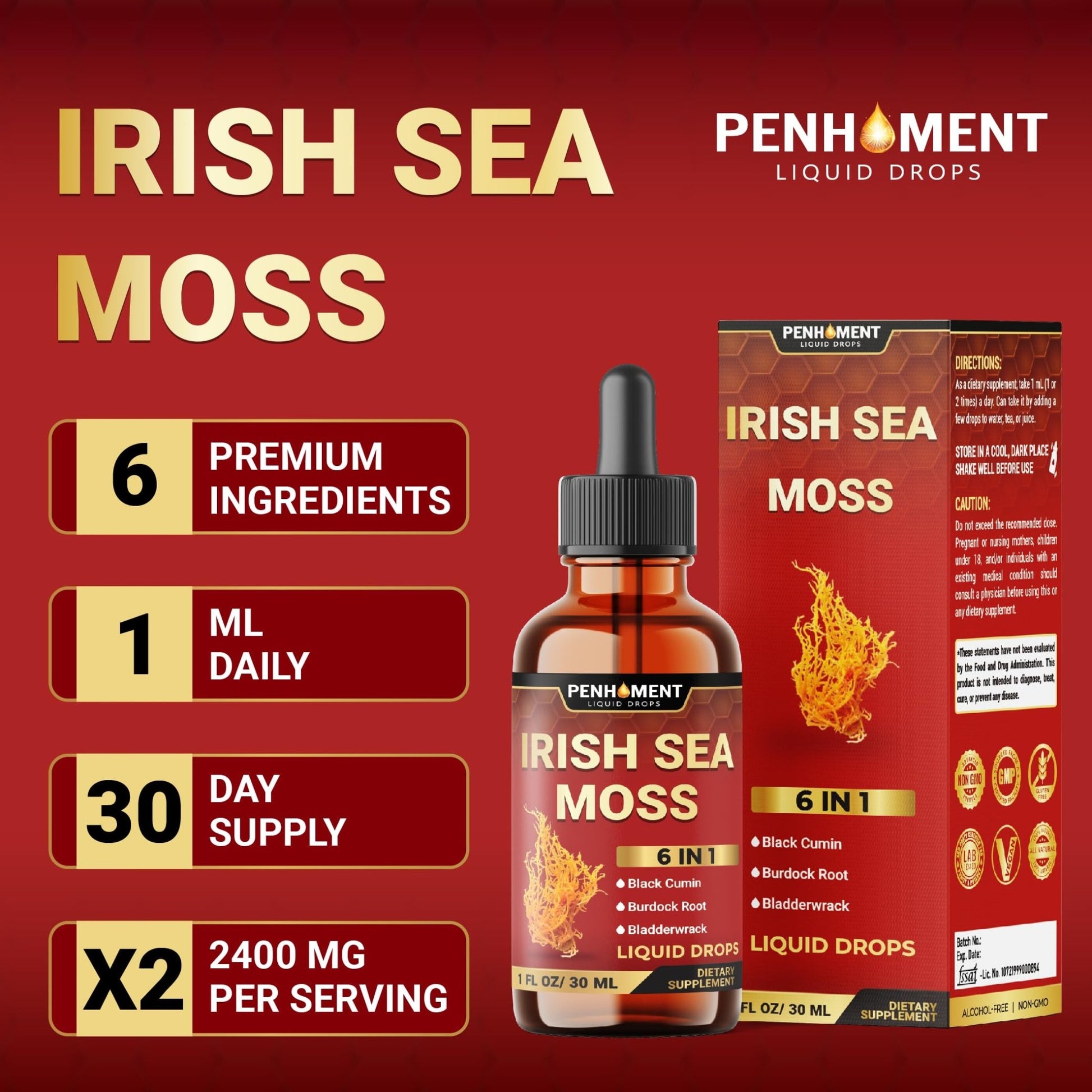Penhoment 6in1 Sea Moss Drops with Black Seed Oil Irish Seamoss, Ashwagandha, Burdock Root & Bladderwrack - 1FL Oz - 30 Day Supply - dailyvitalstore
