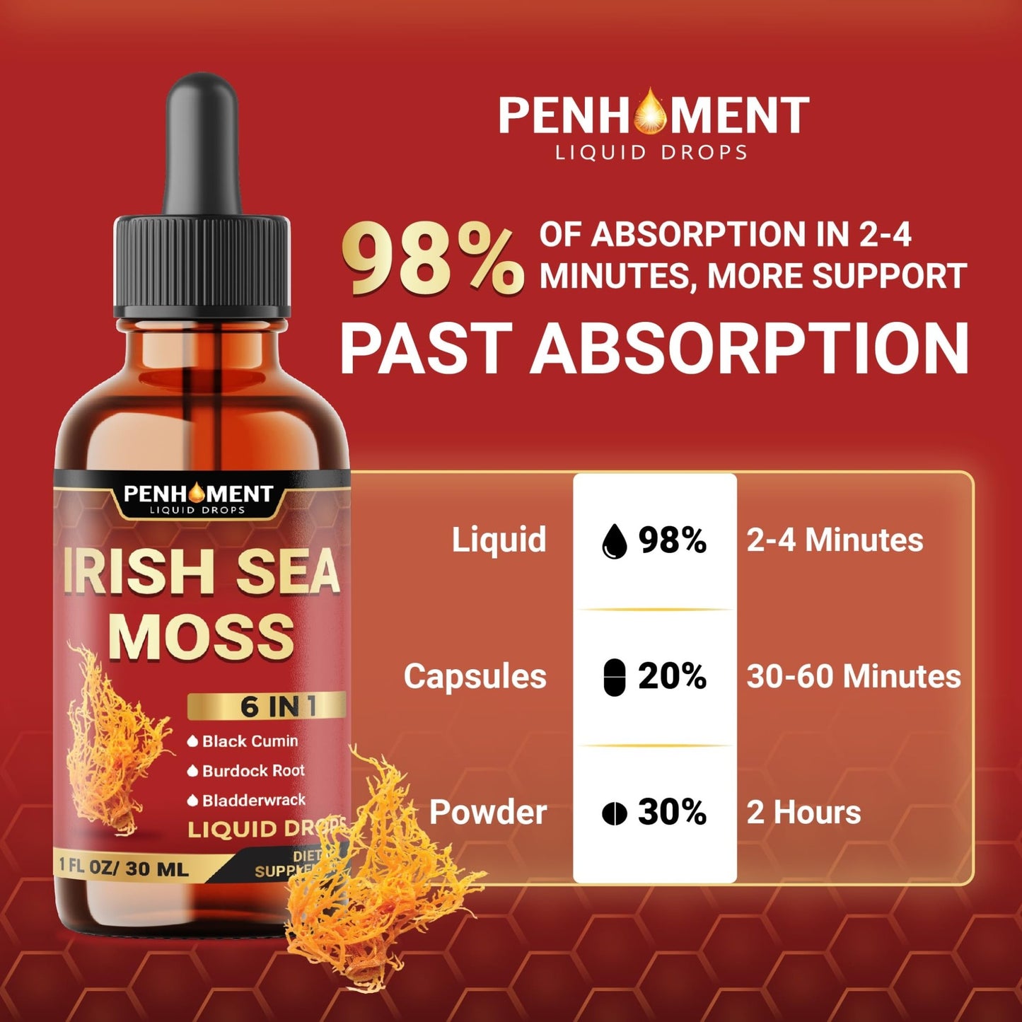 Penhoment 6in1 Sea Moss Drops with Black Seed Oil Irish Seamoss, Ashwagandha, Burdock Root & Bladderwrack - 1FL Oz - 30 Day Supply - dailyvitalstore