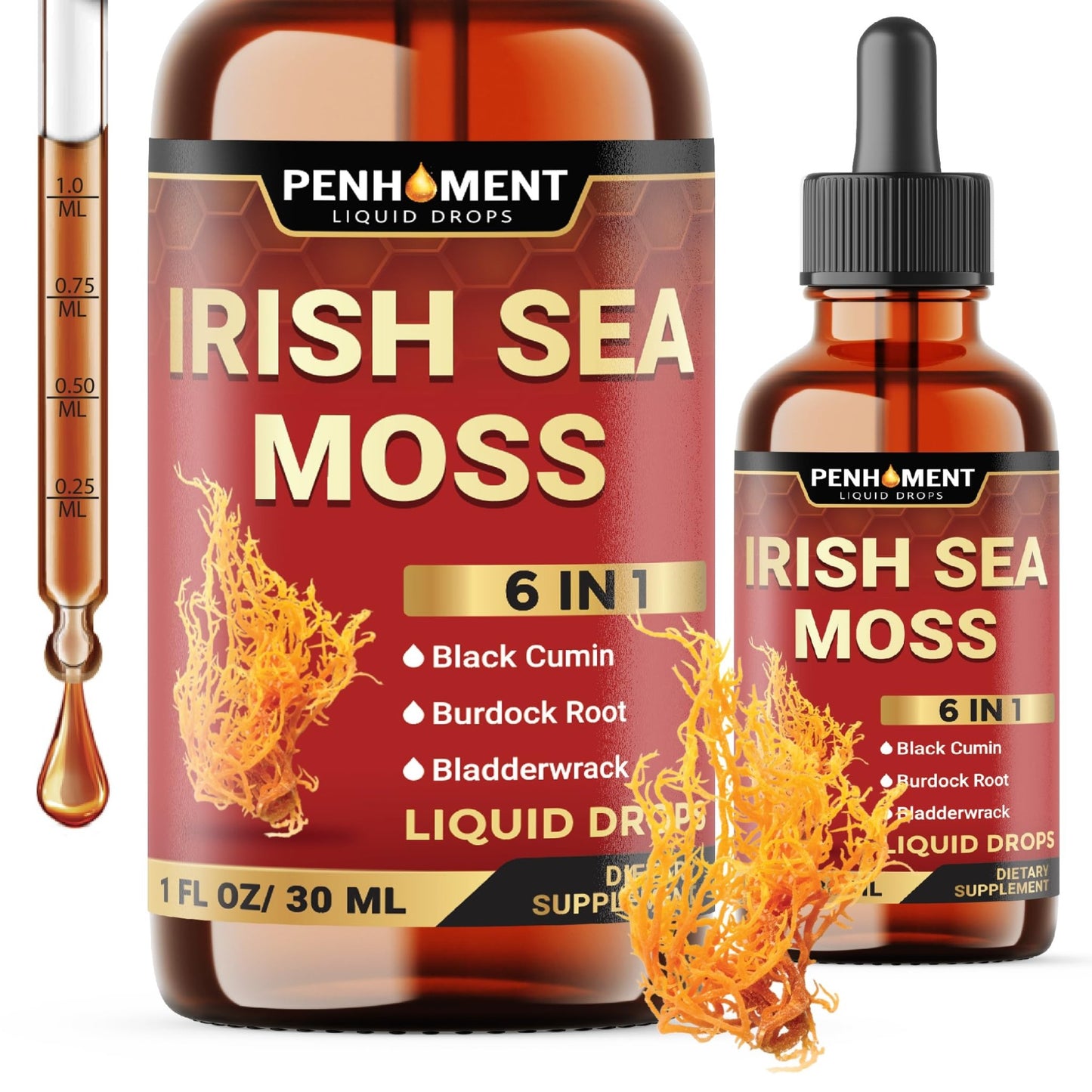 Penhoment 6in1 Sea Moss Drops with Black Seed Oil Irish Seamoss, Ashwagandha, Burdock Root & Bladderwrack - 1FL Oz - 30 Day Supply - dailyvitalstore