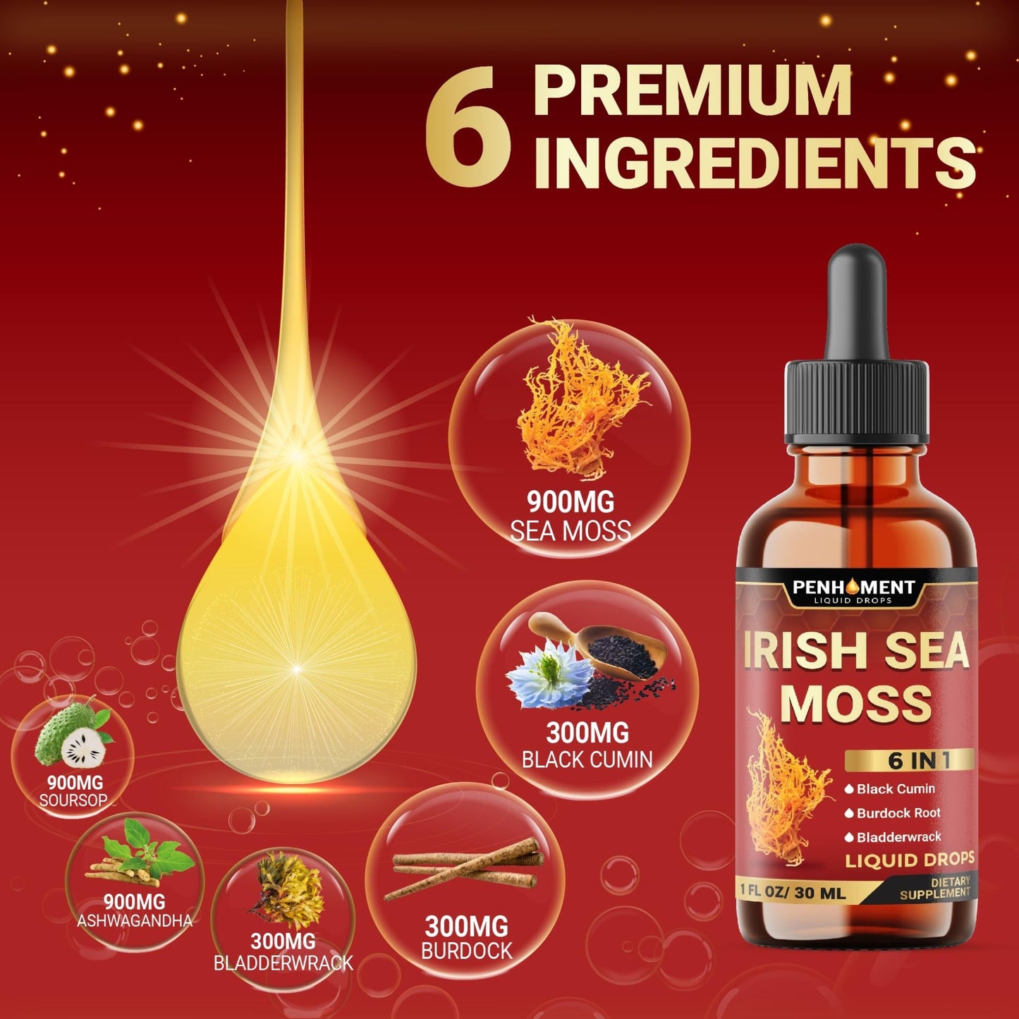 Penhoment 6in1 Sea Moss Drops with Black Seed Oil Irish Seamoss, Ashwagandha, Burdock Root & Bladderwrack - 1FL Oz - 30 Day Supply - dailyvitalstore