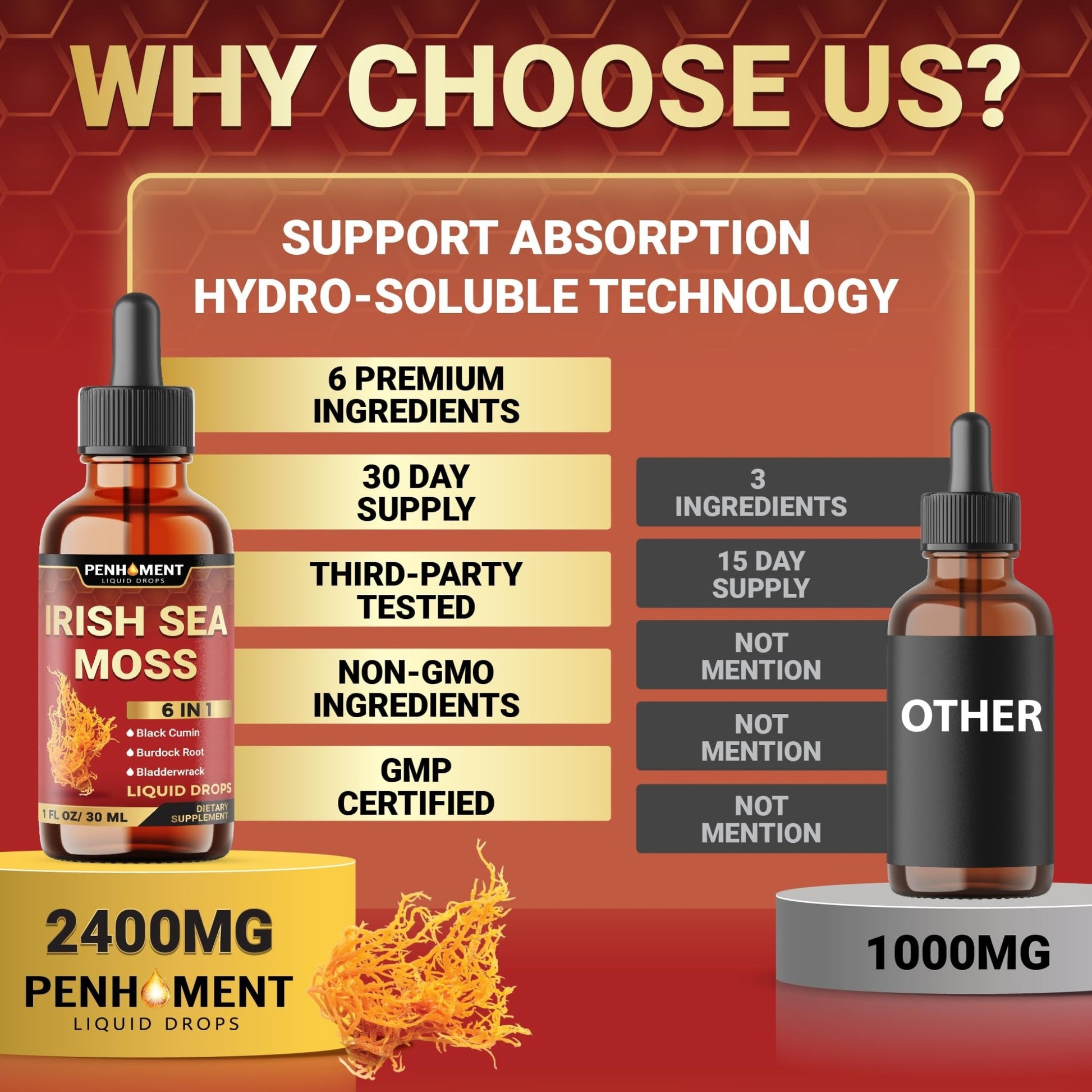 Penhoment 6in1 Sea Moss Drops with Black Seed Oil Irish Seamoss, Ashwagandha, Burdock Root & Bladderwrack - 1FL Oz - 30 Day Supply - dailyvitalstore
