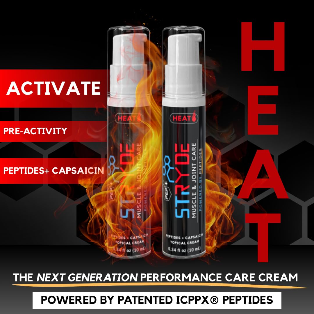 PEP+ STRYDE HEAT - Peptide-Powered Muscle & Joint Care Cream for Pre-Workout Activation - Warming Capsaicin Formula, Fast-Absorbing, Non-Greasy, Travel-Ready 0.34 fl oz (2-Pack, 30-40 Uses per Bottle) - dailyvitalstore