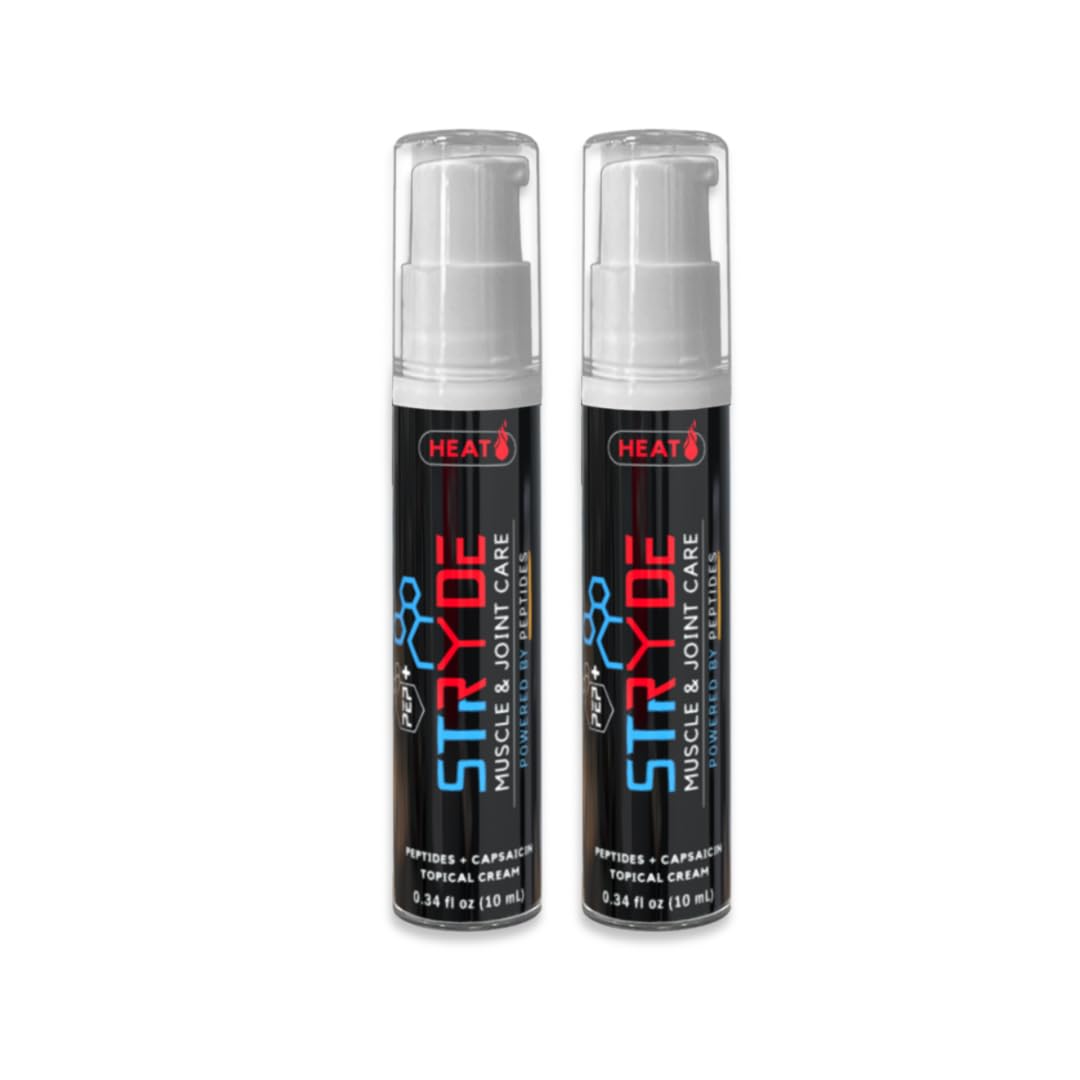 PEP+ STRYDE HEAT - Peptide-Powered Muscle & Joint Care Cream for Pre-Workout Activation - Warming Capsaicin Formula, Fast-Absorbing, Non-Greasy, Travel-Ready 0.34 fl oz (2-Pack, 30-40 Uses per Bottle) - dailyvitalstore